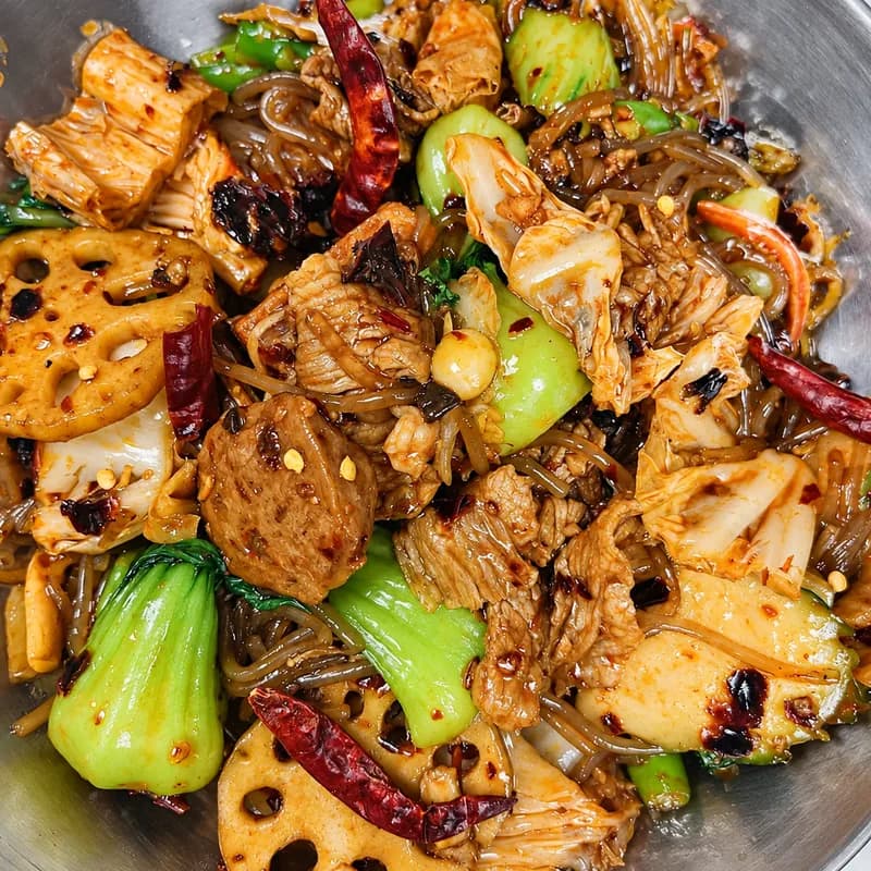 Mala dry pot with lotus root, tofu, cabbage and dried chilies